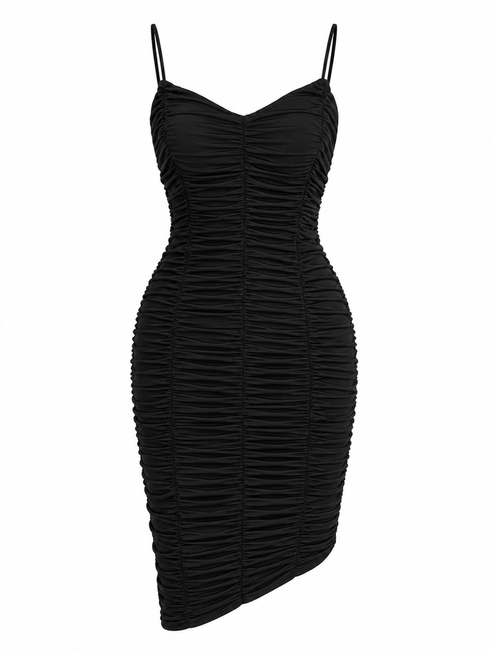 Classic Black Ruched Asymmetrical Slip Dress